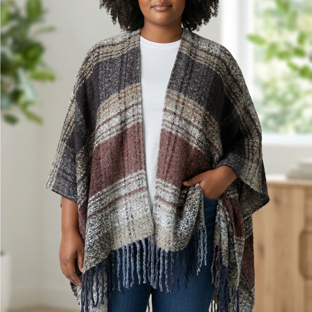 Apt. 9 Plaid Fringe Wrap in Brown, Gray & Cream